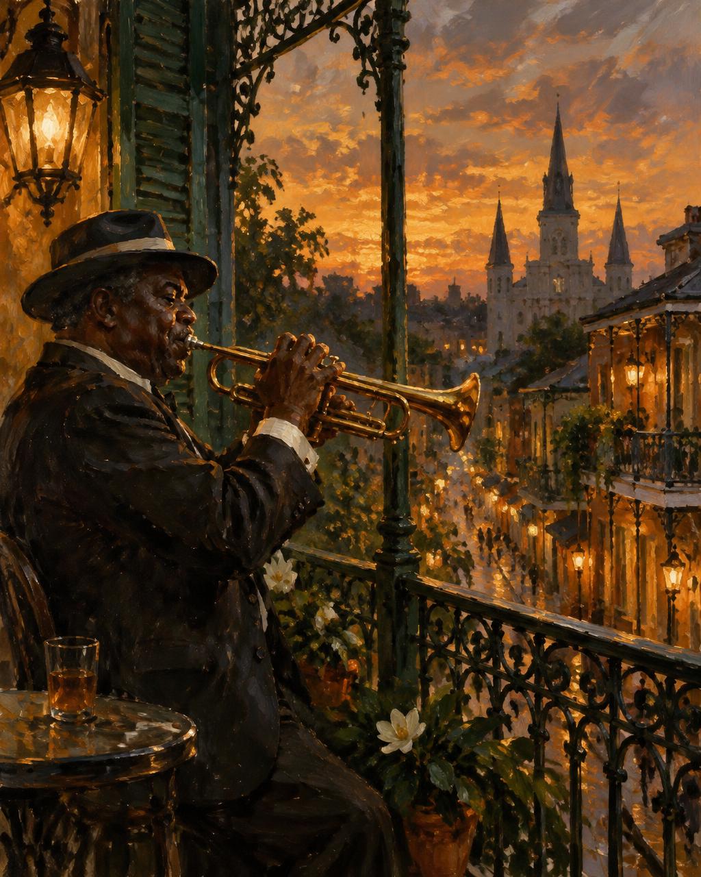 Original painting of a jazz musician on a French Quarter balcony at sunset
