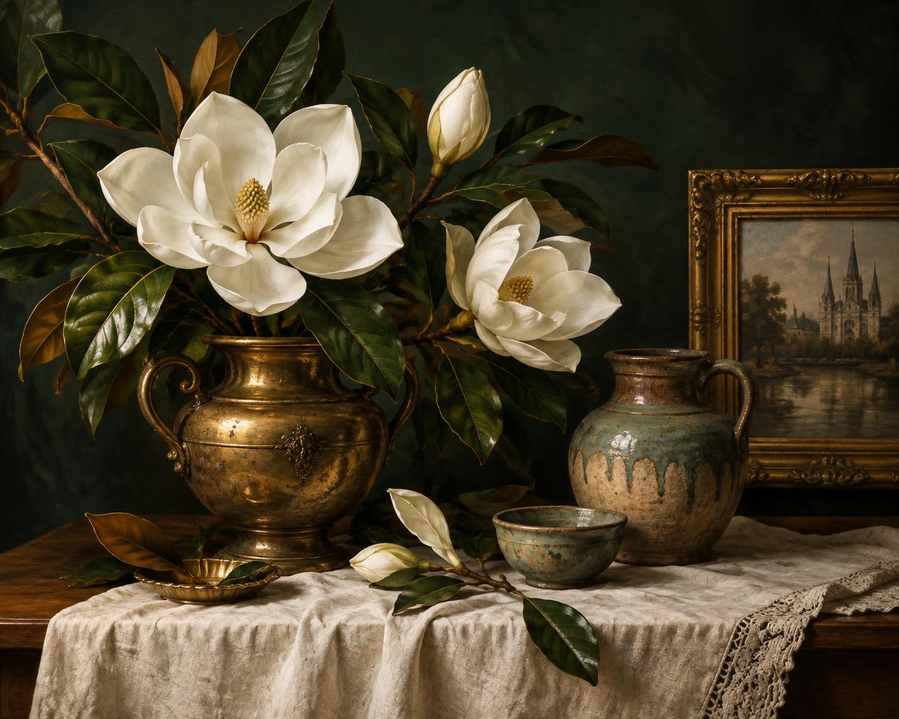 Original painting of magnolias, pottery, and antique brass